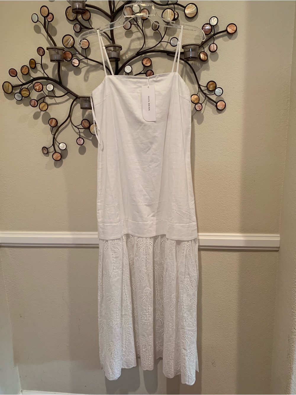 NWT Mon Renn Dress: White Cotton/Linen Blend, Spaghetti Straps, Eyelet, Zip, S